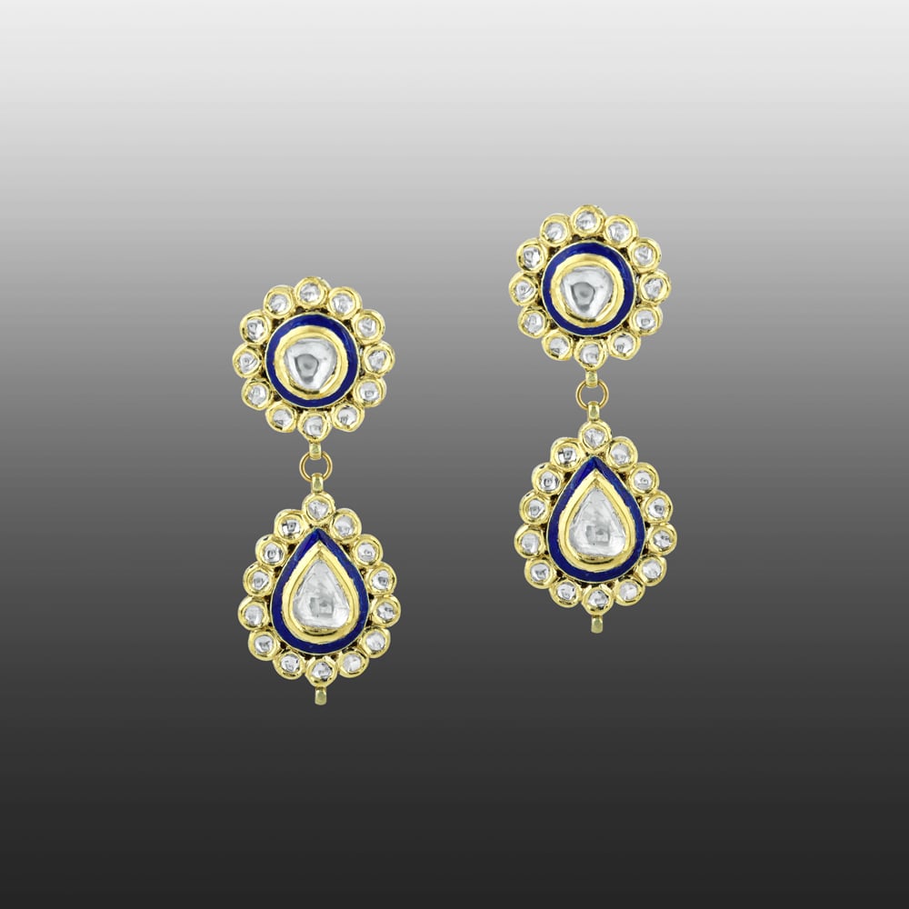 Polki Earrings with Blue Enamel and Drop
